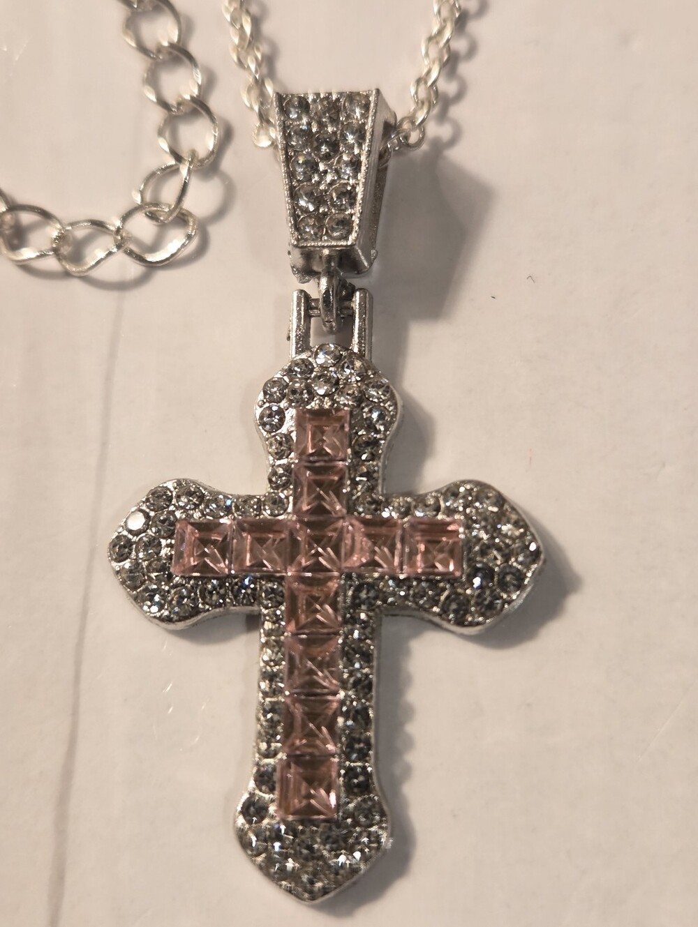 Silver Cross Pendant Necklace with Pink Crystals